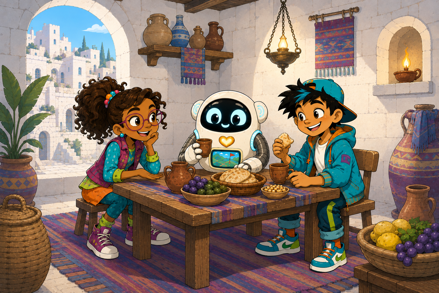 Melle, Momo en PS23 zitten samen aan tafel in Manna Wereld